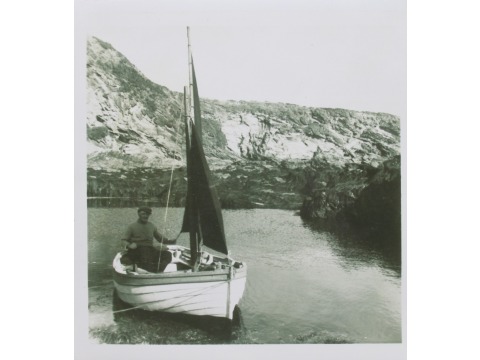 Mr John Gawne, who was involved in the rediscovery of the 'Peggy' and its restoration, sailing in Perwick bay on 26th September 1957