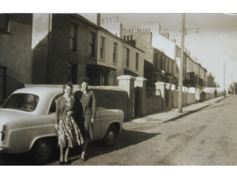 Mrs Audrey Crowe aged c.38 years, standing on the right, in front of car with her aunt in Windsor Road, Ramsey